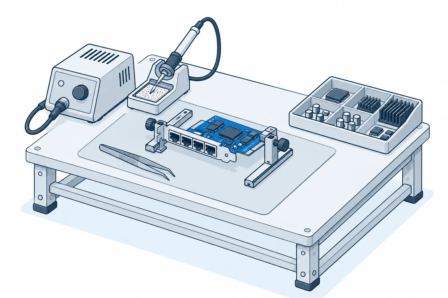A repair bench: a network adapter card held in a board holder, a soldering station, tweezers and a tray of harvested chips and heatsinks.
